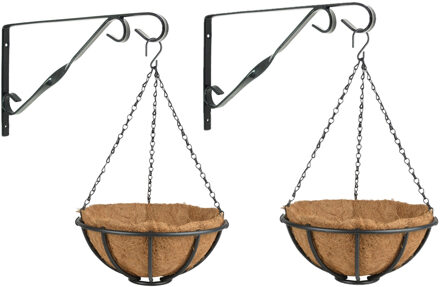 Esschert Design Set van 2x stuks Hanging baskets 30 cm met muurhaken - metaal - complete hangmand set