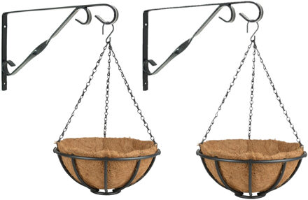 Esschert Design Set van 2x stuks Hanging baskets 30 cm met muurhaken - metaal - complete hangmand set