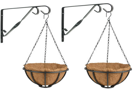 Esschert Design Set van 2x stuks Hanging baskets 30 cm met muurhaken - metaal - complete hangmand set