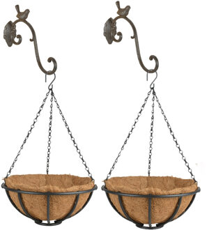 Esschert Design Set van 2x stuks Hanging baskets 30 cm van metaal met ijzeren muurhaken - complete hangmand set