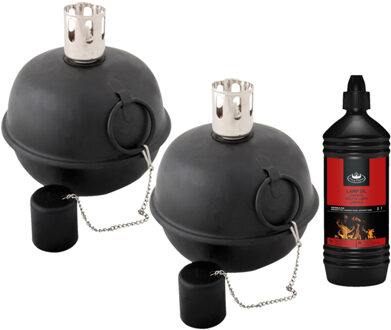 Esschert Design Set van 2x stuks tuimeltoorts/olielamp zwart met heldere lampenolie/fakkelolie