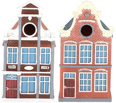 Esschert Design Set Vogelhuisjes - grachtenpand - 14 x 17 x 25 cm - klokgevel en halsgevel - nestkastje