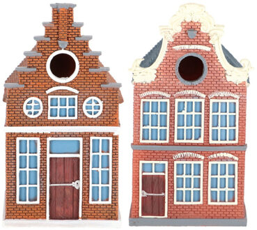Esschert Design Set Vogelhuisjes - grachtenpand - 14 x 17 x 25 cm - klokgevel en trapgevel - nestkastje