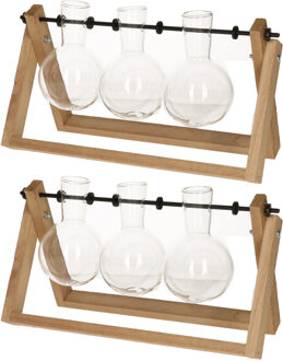 Esschert Design Stekvaasjes in houder - 2x stuks - hout - met 3 glazen vaasjes - 26 x 7 x 15 cm - stekstation
