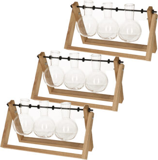 Esschert Design Stekvaasjes in houder - 3x stuks - hout - met 3 glazen vaasjes - 26 x 7 x 15 cm - stekstation