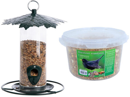 Esschert Design Vogel voedersilo met bladerdak metaal 23 cm inclusief 4-seizoenen mueslimix vogelvoer - Vogel voedersilo Zilverkleurig