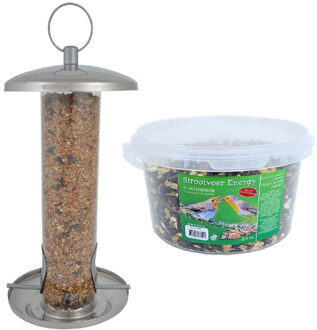 Esschert Design Vogel voedersilo RVS 27 cm inclusief 4-seizoenen energy vogelvoer