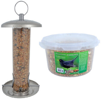 Esschert Design Vogel voedersilo RVS 27 cm inclusief 4-seizoenen mueslimix vogelvoer