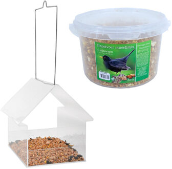 Esschert Design Vogelhuisje/voedertafel transparant kunststof 15 cm inclusief 4-seizoenen mueslimix vogelvoer