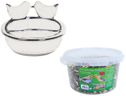 Esschert Design Vogelvoeder- en drinkschaal wit keramiek 21 cm inclusief 4-seizoenen energy vogelvoer