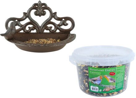 Esschert Design Wand vogel voederbak/drinkbak gietijzer 24 cm inclusief 4-seizoenen energy vogelvoer