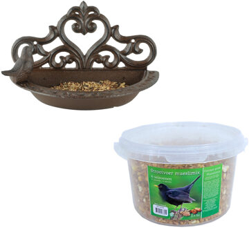 Esschert Design Wand vogel voederbak/drinkbak gietijzer 24 cm inclusief 4-seizoenen mueslimix vogelvoer - Vogelhuisjes Beige