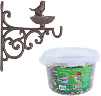 Esschert Design Wand vogel voederbak/drinkbak met haak gietijzer 19 cm inclusief 4-seizoenen energy vogelvoer - Vogelhuisjes Bruin