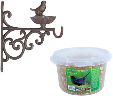 Esschert Design Wand vogel voederbak/drinkbak met haak gietijzer 19 cm inclusief 4-seizoenen mueslimix vogelvoer - Vogelhuisjes Bruin