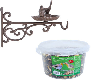 Esschert Design Wand vogel voederbak/drinkbak met haak gietijzer 35 cm inclusief 4-seizoenen energy vogelvoer