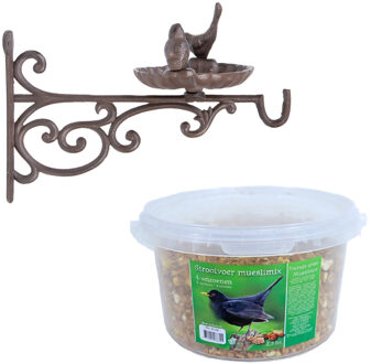 Esschert Design Wand vogel voederbak/drinkbak met haak gietijzer 35 cm inclusief 4-seizoenen mueslimix vogelvoer
