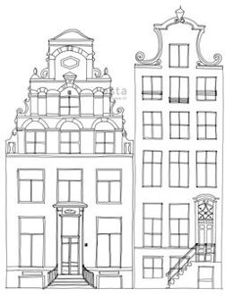 Esta Home fotobehang getekende Amsterdamse grachtenhuisjes zwart en wit Wit, Zwart