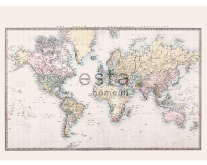 Esta Home fotobehang vintage map of the world beige, pastel geel, poede Beige, Bruin, Geel, Groen, Roze