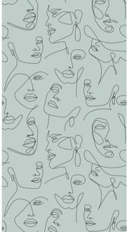 ESTAhome fotobehang line art gezichten vergrijsd groen - 150 x 279 cm