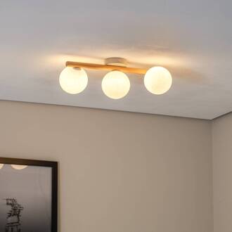 Estera plafondlamp, opaal glas, hout, 3-lamps licht hout, opaal wit, wit