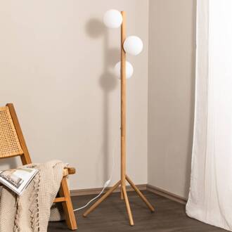 Estera vloerlamp, opaalglas, houten frame, 132 cm, 3-lamps licht hout, opaalwit