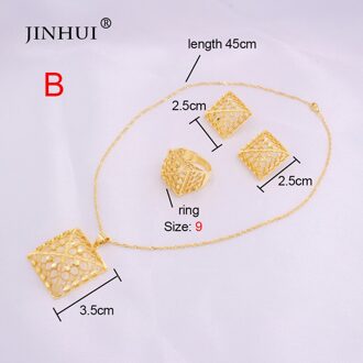 Ethiopië 24K Vergulde Dubai Sieraden Sets Vrouwen Afrikaanse Party Huwelijksgeschenken Ketting En Oorbellen Ring Sets 45Cm hanger