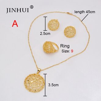 Ethiopië 24K Vergulde Dubai Sieraden Sets Vrouwen Afrikaanse Party Huwelijksgeschenken Ketting En Oorbellen Ring Sets 45Cm hanger