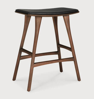 Ethnicraft Barkruk 'Osso' Gevernist Teakhout en Leder, kleur Bruin/Zwart (zithoogte 67cm)