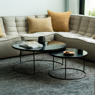 Ethnicraft Ronde Salontafel 'Nesting' Spiegelglas, Set van 2 stuks, kleur Charcoal - 61cm