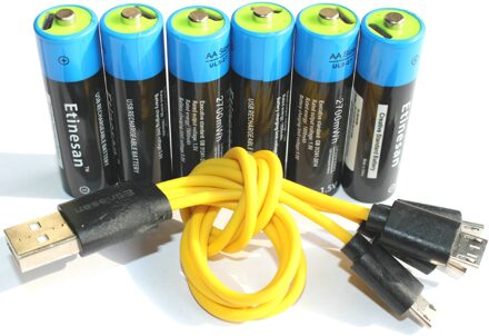 Etinesan 1.5V 2700mWh Aa Li-Polymeer Usb Oplaadbare Lithium Li-Ion Batterijen Fast Charge Voor Microfoon, Camera, spel, Speelgoed Ect. 6stk met kabel