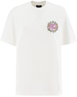 Etro Bloemen Pegasus Crewneck Katoenen T-shirt Etro , White , Dames - L,M,S,Xs