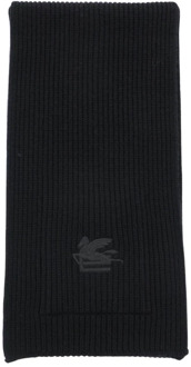 Etro Geribbeld Gebreid Wollen Sjaal met Pegasus Borduursel Etro , Black , Dames - ONE Size