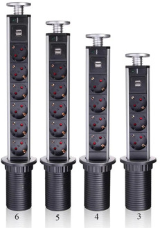 EU Plug 3/4/5/6 Power Kitchen Table Pull Up Electrical Socket 1 Led+2 charge USB Aluminum Shelf Silver/Black