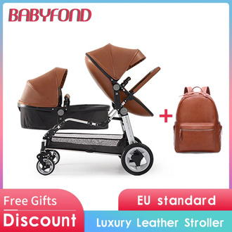 EU tax free ! Newborn twins Baby stroller Luxury high landscape leather prams folding can sit lying double baby stroller 13pcs