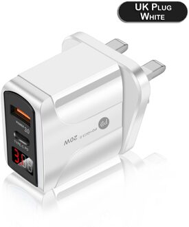 Eu/Uk/Us Plug 20W Type-C Wall Charger Snelle Adapter Met Lcd-scherm Qc 3.0 3A Pd Draagbare Usb Quick Charger Voor Iphone Ipad D30 wit-UK plug