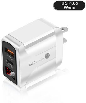 Eu/Uk/Us Plug 20W Type-C Wall Charger Snelle Adapter Met Lcd-scherm Qc 3.0 3A Pd Draagbare Usb Quick Charger Voor Iphone Ipad D30 wit-US plug