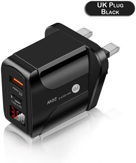 Eu/Uk/Us Plug 20W Type-C Wall Charger Snelle Adapter Met Lcd-scherm Qc 3.0 3A Pd Draagbare Usb Quick Charger Voor Iphone Ipad D30 zwart-UK plug