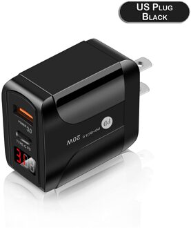 Eu/Uk/Us Plug 20W Type-C Wall Charger Snelle Adapter Met Lcd-scherm Qc 3.0 3A Pd Draagbare Usb Quick Charger Voor Iphone Ipad D30 zwart-US plug