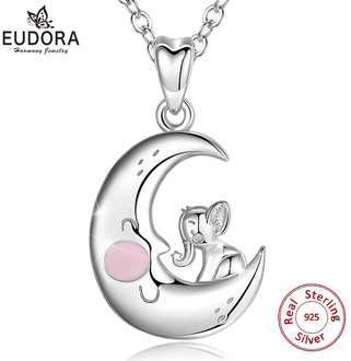 Eudora 925 Sterling Silver Crescent Moon & Elephant Pendant Necklace Exquisite statement necklace Women Jewelry for girl D519
