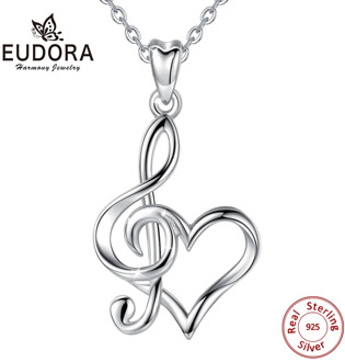 EUDORA 925 Sterling Silver Music sign Necklace Silver Heart Pendant Women Fashion Jewelry For Friend Anniversary best gift D413