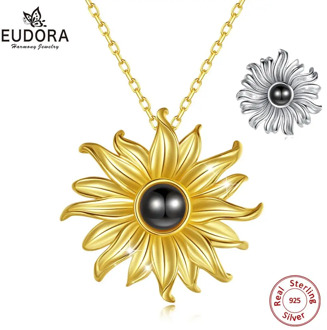 EUDORA 925 Sterling Silver Summer golden sunflower Pendant I love you 100 language Necklace with box Women sister Fine Jewelry