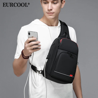 EURCOOL 9.7" iPad Crossbody Shoulder Bag for Men Short Trip Messenger Bags Water Repellent USB Charging Chest Packs n1906