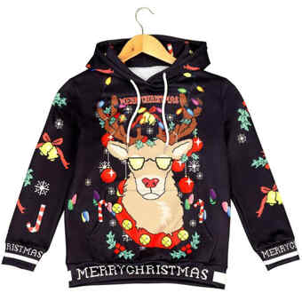 Europa en de Verenigde Staten Kerst Trui kinderen 3D Afdrukken Hooded Sweater Lange Mouw Sweater Broek Pak 120cm S / zwart