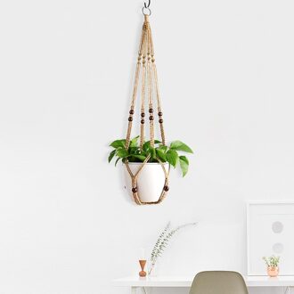 Europa Plant Hangers Indoor Opknoping Planter Mand Met Houten Kralen Decoratieve Tuin Bloempot Netto Pocket Bloempot Sling bruin