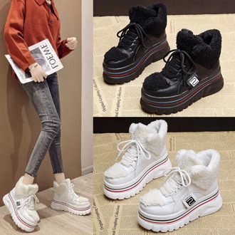 Europe And The United States 2020 Winter New Wool Shoes Sponge Cake Plus Velvet Platform Casual Lace High-top Old Shoes