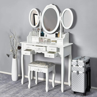 Europe Style Bedroom Dressing Table Furniture Makeup Mirror Makeup Table in MDF with 7 Drawers and 3 Oval Rotatable Mirrors