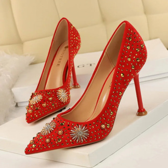 European And American-Style Retro High-Heel Suede Shallow Mouth Pointed-Toe Rhinestone Metal Decorative Rhinestone Shoes