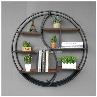 European style living room wall hanging rack creative solid wood shelf partition wall round display decorative frame 80cm