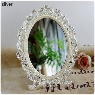 Europese Antieke Brons Met Witte Parels En Heldere Kristallen Jeweled Rose Bloem 5X7 Inch Ovale Metalen Tafelblad spiegel zilver