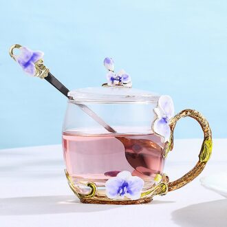 Europese Emaille Water Cup Licht Luxe Creatieve Vrouwen Bloemen Thee Cup Loodvrij Glas Set Hoogwaardige Water cup blauw / High stijl 370ml